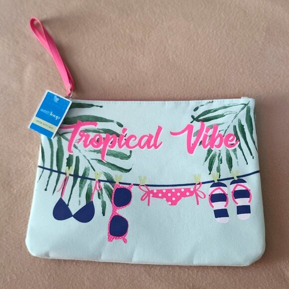 West Loop Tropical Vibe Wet Swimsuit Bag Green w Pink Zipper Plastic Lining NEW - Picture 1 of 5